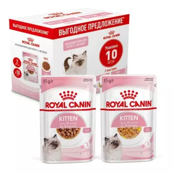Royal Canin Kitten + Kitten Jelly Мультипак для котят в возрасте до 12 месяцев в соусе, в желе, в паучах - 10 шт, 85 г супер премиум для котят паучи 1 уп. х 1 шт. х 0.85 кг
