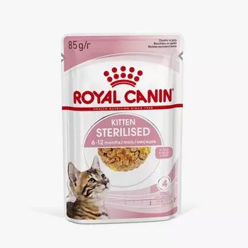 Royal Canin Kitten Sterilised для стерилизованных котят с 6 до 12 месяцев, мелкие кусочки в желе, в паучах - 85 г ветеринарный супер премиум для котят паучи Российский корм 1 уп. х 28 шт. х 2.38 кг