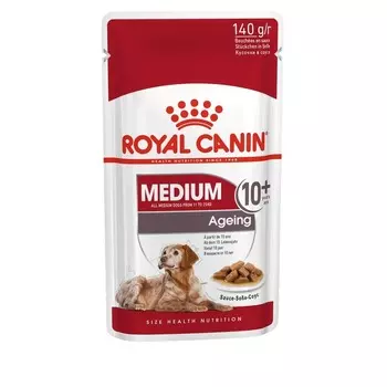 Royal Canin Medium Ageing 10+ полнорационный влажный корм для пожилых собак средних пород, кусочки в соусе, в паучах - 140 г повседневный супер премиум для пожилых с птицей породы среднего размера паучи Россия 1 уп. х 10 шт. х 1.4 кг