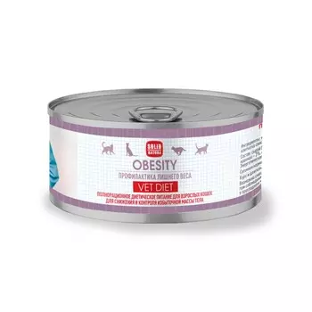 Solid Natura Vet Diet Obesity влажный корм для кошек, при избыточном весе, с лососем и мясом, в консервах - 100 г диетические супер премиум низкокалорийные для всех возрастов с мясом для всех пород консервы (в железной банке) Российский корм 1 уп. х 12 шт. х 1.2 кг