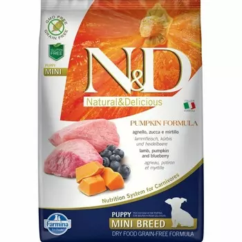 Farmina N&D Pumpkin Dog Grain Free Lamb & Blueberry Puppy Mini сухой беззерновой корм для щенков мелких пород с ягненком, черникой и тыквой - 7 кг повседневный супер премиум беззерновые для щенков с ягненком породы мелкого размера мешок Импортный корм 1 уп. х 1 шт. х 7 кг