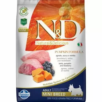 Farmina N&D Pumpkin Dog Grain Free Lamb & Blueberry Adult Mini сухой беззерновой корм для взрослых собак мелких пород с ягненком, черникой и тыквой - 7 кг повседневный супер премиум беззерновые для взрослых с ягненком породы мелкого размера мешок Импортный корм 1 уп. х 1 шт. х 7 кг