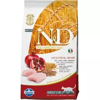 Сухой корм Farmina N&D Low-Grain Feline Chicken & Pomegranate Adult низкозерновой для взрослых котов и кошек, с курицей, гранатом, спельтой и овсом - 1,5 кг повседневный супер премиум низкозерновые для взрослых с курицей мешок Импортный корм 1 уп. х 1 шт. х 1.5 кг