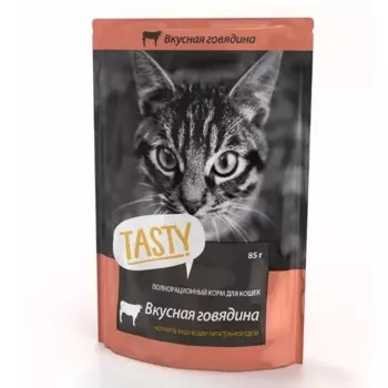 Tasty влажный корм для кошек с ГОВЯДИНОЙ в желе, в паучах - 85 г эконом для взрослых с говядиной для всех пород паучи Российский корм 1 уп. х 28 шт. х 2.52 кг