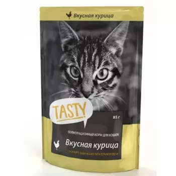Tasty влажный корм для кошек с КУРИЦЕЙ в желе, в паучах - 85 г эконом для взрослых с курицей для всех пород паучи Российский корм 1 уп. х 28 шт. х 2.52 кг
