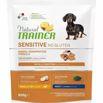 Trainer Natural Sensitive No Gluten Adult Mini сухой корм для собак мелких пород с чувствительным пищеварением с лососем - 800 г повседневный супер премиум для взрослых с лососем породы мелкого размера мешок Италия 1 уп. х 1 шт. х 0.8 кг