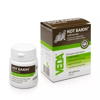 Veda Кот Баюн таблетки для кошек и собак для коррекции нарушений поведения 50 шт х 0,2 г контроль половой активности для взрослых Россия 1 уп. х 1 шт. х 0.01 кг