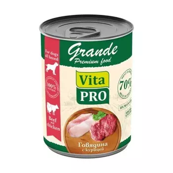 Vita Pro Grande влажный корм для взрослых собак, с говядиной и курицей, кусочки в соусе, в консервах - 970 г повседневный премиум для взрослых с говядиной для всех пород консервы (в железной банке) Российский корм 1 уп. х 12 шт. х 11.64 кг