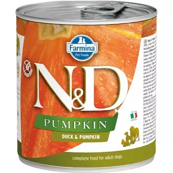 Влажный корм Farmina N&D для взрослых собак с тыквой и уткой - 285 г повседневный супер премиум для взрослых с уткой для всех пород консервы (в железной банке) Импортный корм 1 уп. х 6 шт. х 1.71 кг