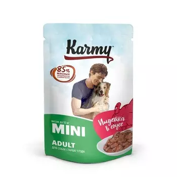 Влажный корм Karmy Mini Adult для собак мелких пород с индейкой мясные кусочки в соусе - 80 гр повседневный премиум для взрослых с индейкой паучи Российский корм 1 уп. х 12 шт. х 0.96 кг