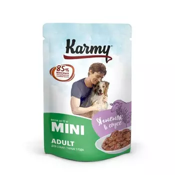 Влажный корм Karmy Mini Adult для собак мелких пород с ягненком мясные кусочки в соусе - 80 г повседневный премиум для взрослых с ягненком паучи Российский корм 1 уп. х 12 шт. х 0.96 кг