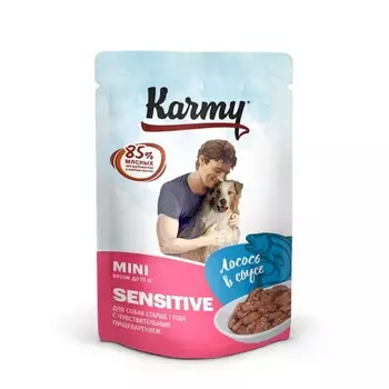 Влажный корм Karmy Mini Sensitive для собак мелких пород с чувствительным пищеварением с лососем мясные кусочки в соусе - 80 г повседневный премиум для взрослых с лососем паучи Российский корм 1 уп. х 12 шт. х 0.96 кг