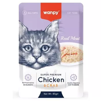 Wanpy Cat для кошек из курицы и краба, 85 г (паучи) для взрослых с крабом паучи Импортный корм 1 уп. х 96 шт. х 8.16 кг