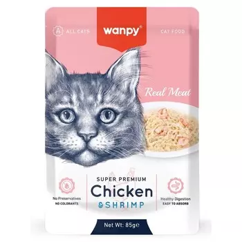 Wanpy Cat для кошек из курицы и креветок, 85 г (паучи) для взрослых с курицей паучи Импортный корм 1 уп. х 96 шт. х 8.16 кг