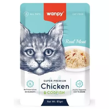 Wanpy Cat для кошек из курицы и трески, 85 г (паучи) для взрослых с треской паучи Импортный корм 1 уп. х 96 шт. х 8.16 кг