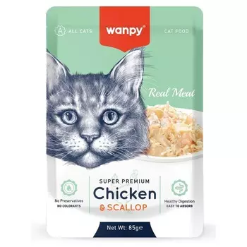 Wanpy Cat для кошек из курицы и гребешкаt, 85 г (паучи) для взрослых с морским гребешком паучи Импортный корм 1 уп. х 96 шт. х 8.16 кг
