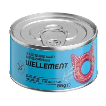 Wellement влажный корм для кошек, с тунцом и макрелью, паштет, в консервах - 85 г для взрослых с тунцом консервы (в железной банке) Таиланд 1 уп. х 24 шт. х 2.64 кг