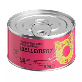 Wellement влажный корм для кошек, с тунцом и ягнёнком, паштет, в консервах - 85 г для взрослых с тунцом консервы (в железной банке) Таиланд 1 уп. х 24 шт. х 2.64 кг
