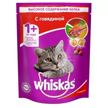 Whiskas полнорационный сухой корм для кошек, вкусные подушечки с нежным паштетом, аппетитный обед с говядиной - 800 г повседневный эконом для взрослых с говядиной для всех пород мешок Российский корм 1 уп. х 1 шт. х 0.8 кг