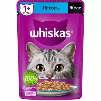 Whiskas полнорационный влажный корм для кошек, с лососем, кусочки в желе, в паучах - 75 г повседневный премиум для взрослых с лососем для всех пород паучи Российский корм 1 уп. х 28 шт. х 2.1 кг