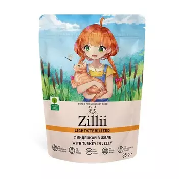 Zillii Sterilized Light Cat влажный корм для стерилизованных кошек, с индейкой, в желе, в паучах - 85 г супер премиум для взрослых с индейкой для всех пород паучи Россия 1 уп. х 25 шт. х 2.125 кг