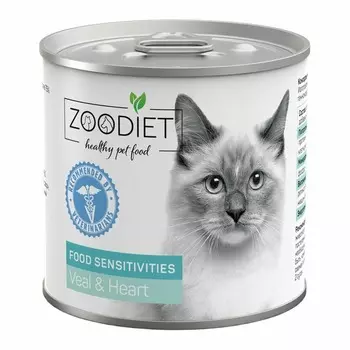 Zoodiet Food Sensitivities Veal&Heart влажный корм для взрослых кошек с чувствительным пищеварением, с телятиной и сердцем, в консервах - 240 г х 12 шт повседневный супер премиум для взрослых с сердцем для всех пород консервы (в железной банке) Россия 1 уп. х 12 шт. х 2.88 кг