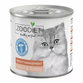 Zoodiet Weight Management Rabbit&Turkey влажный корм для взрослых кошек, склонных к ожирению, с кроликом и индейкой, в консервах - 240 г х 12 шт повседневный супер премиум для взрослых с индейкой для всех пород консервы (в железной банке) Россия 1 уп. х 12 шт. х 2.88 кг