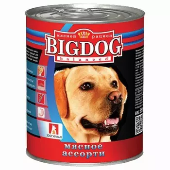 Зоогурман Big Dog влажный корм для собак средних и крупных пород, фарш из мясного ассорти, в консервах - 850 г повседневный премиум низкозерновые для взрослых ассорти мясное породы крупного размера консервы (в железной банке) Российский корм 1 уп. х 9 шт. х 7.65 кг