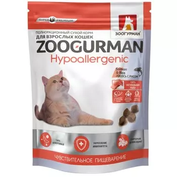 Zoogurman Hypoallergenic сухой корм для кошек, с лососем и рисом - 350 г повседневный премиум для взрослых с лососем для всех пород мешок Российский корм 1 уп. х 1 шт. х 0.35 кг