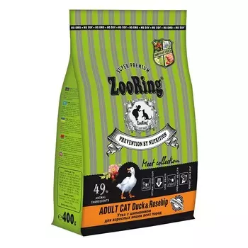 Zooring Adalt Cat сухой корм для кошек, с УТКОЙ и шиповником - 400 г повседневный супер премиум низкозерновые для взрослых с уткой мешок Российский корм 1 уп. х 1 шт. х 0.4 кг