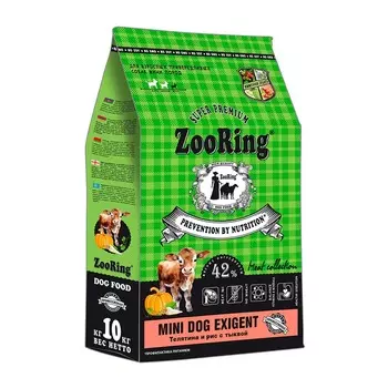 ZooRing Mini Dog Exigent сухой кором для собак мелких пород привередливых ко вкусу, с ТЕЛЯТИНОЙ, с рисом и тыквой - 10 кг супер премиум низкозерновые для взрослых с телятиной породы мелкого размера мешок Россия 1 уп. х 1 шт. х 10 кг
