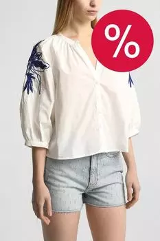 Блуза хлопковая с пышным рукавом и вышивкой Desigual