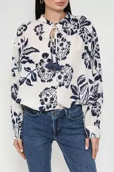 Блуза хлопковая с воротником на завязках и принтом More&More