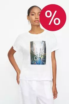 Блуза льняная с коротким рукавом и принтом ElectraStyle