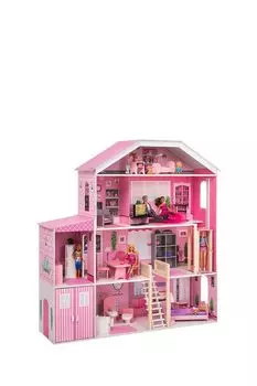 Деревянный кукольный домик с мебелью Поместье Розабелла, из 23 предмета с гаражом PAREMO