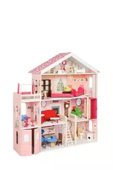 Деревянный кукольный домик с мебелью Мечта, из 31 предмет с гаражом и с качелями PAREMO