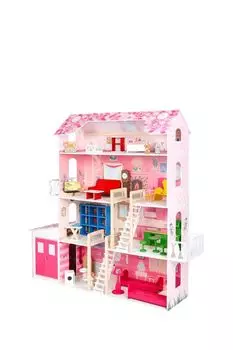 Деревянный кукольный домик с мебелью Нежность, из 28 предметов с гаражом PAREMO