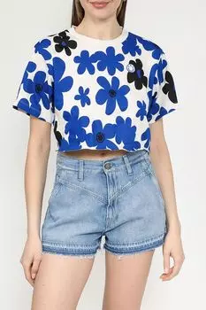 Футболка хлопковая с цветочным принтом укороченная HUGO