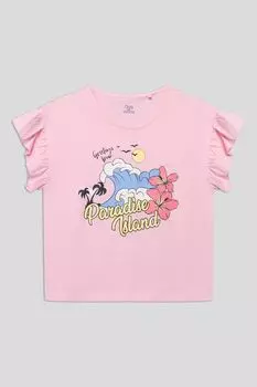 Футболка хлопковая с оборками на рукавах и принтом OVS