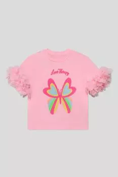 Футболка хлопковая с отделкой из сетки на рукавах и принтом LOVE THERAPY