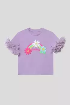 Футболка хлопковая с отделкой из сетки на рукавах и принтом LOVE THERAPY