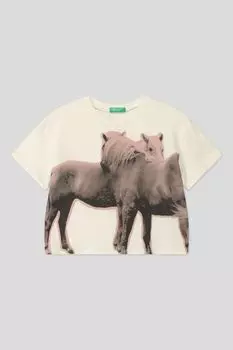 Футболка хлопковая с принтом укороченная Benetton
