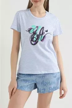 Футболка хлопковая в полоску с принтом EMPORIO ARMANI