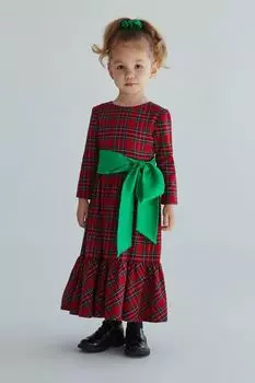 Хлопковое платье в клетку с бантом на поясе EVIKA KIDS