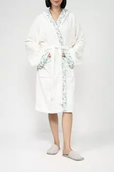 Хлопковый махровый халат с жаккардовым краем Bor Foglie White COINCASA