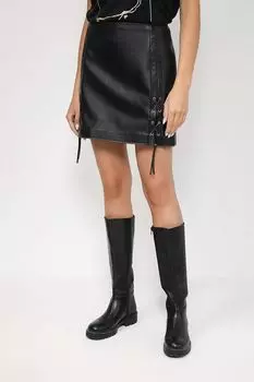 Юбка кожаная со шнуровкой мини HUGO