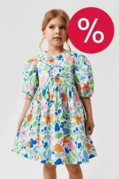 Платье хлопковое с пышным рукавом и принтом ACOOLA