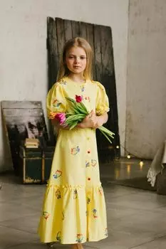 Платье хлопковое с пышными рукавами и принтом EVIKA KIDS