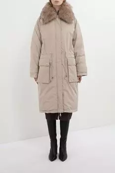Пуховик удлиненный с меховой опушкой и поясом на кулиске BELUCCI