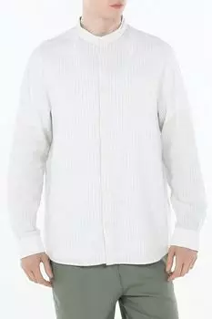 Рубашка из хлопка и льна с воротником стойкой в мелкую полоску Piombo